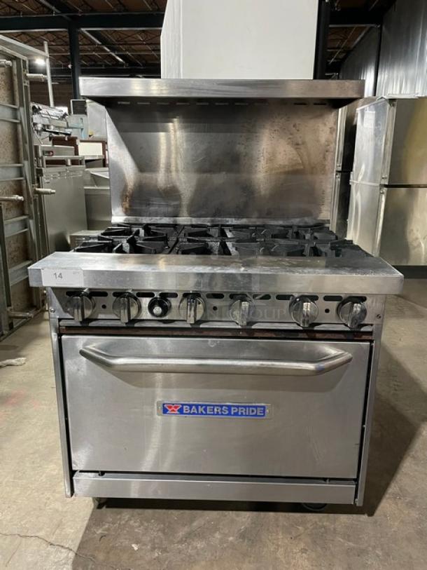 Bakers Pride 6 burner range/oven combo, model 36BP6BS30N, stainless steel, with backsplash and overhead salamander shelf.
