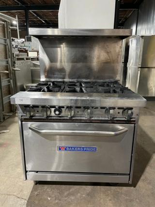 Bakers Pride Commercial Stainless Steel Natural Gas Powered 6 Burner Range/Oven Combo! With Back Splash & Overhead Salamander Shelf! With Wired Oven Rack! Model: 36BP6BS30N SN: 9910519050030! On Casters! - Item #1217648