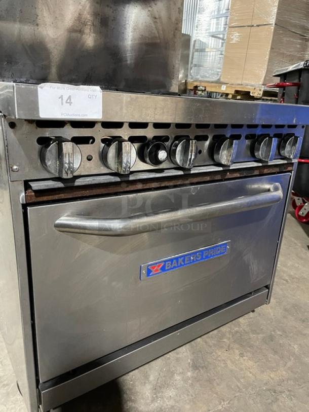 Bakers Pride stainless steel 6-burner range/oven combo with backsplash, overhead salamander shelf, wired oven rack, on casters. Model 36BP6BS30N.