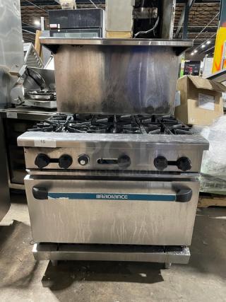 Radiance By Turbo Air Commercial Stainless Steel Natural Gas Powered 6 Burner Range/Oven Combo! With Back Splash & Overhead Salamander Shelf! With Wired Oven Rack! On Legs! - Item #1217649