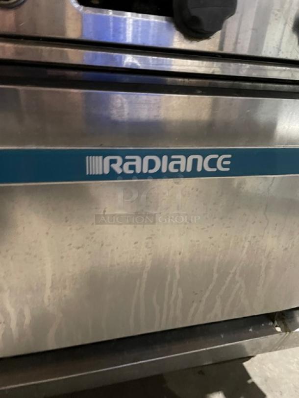 Radiance stainless steel 6-burner range/oven combo, natural gas, with backsplash, overhead salamander shelf, and wired oven rack.