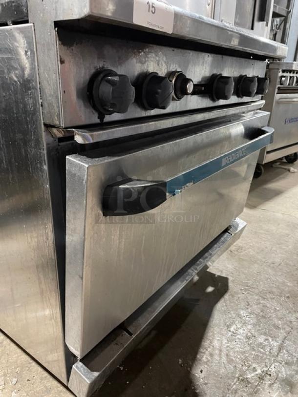 Radiance by Turbo Air 6 burner stainless steel range/oven combo with backsplash, salamander shelf, and wired oven rack.