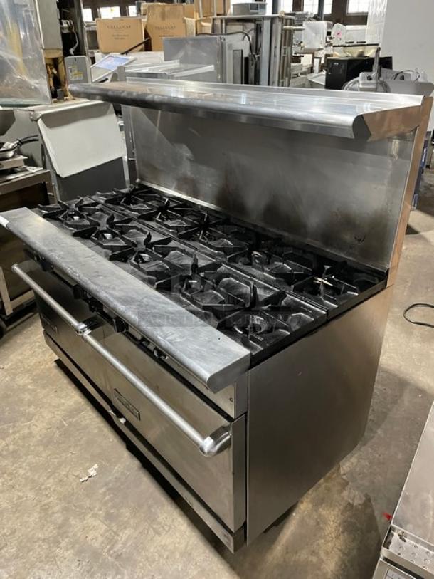 American Range commercial stainless steel 10-burner range, double oven combo with backsplash, salamander shelf, on casters.