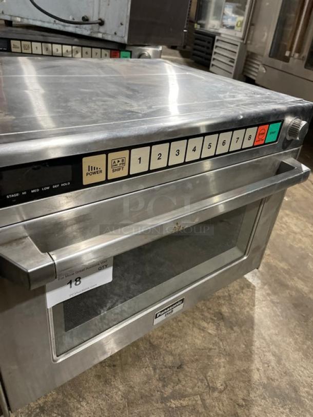 Panasonic Pro II NE-2180 commercial stainless steel microwave oven. Features keypad and power settings. Good condition.