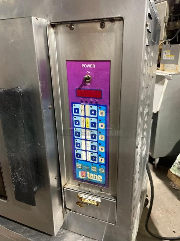 Lang EHSC commercial stainless steel half-size convection oven with digital controls and wired rack. Model: EHS-C, SN: BK-03956, 208V1/3 Phase.