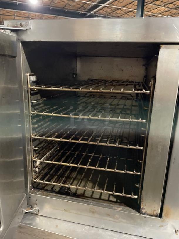 Lang EHSC stainless steel half-size convection oven with digital control, wired rack, used condition, model EHS-C, 208V1/3 Phase.