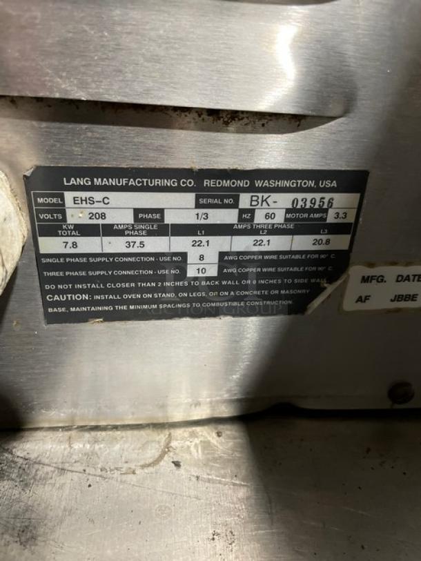 Lang Commercial Stainless Steel Electric Convection Oven, Model EHS-C, SN: BK-03956, 208V1/3 Phase, digital control.