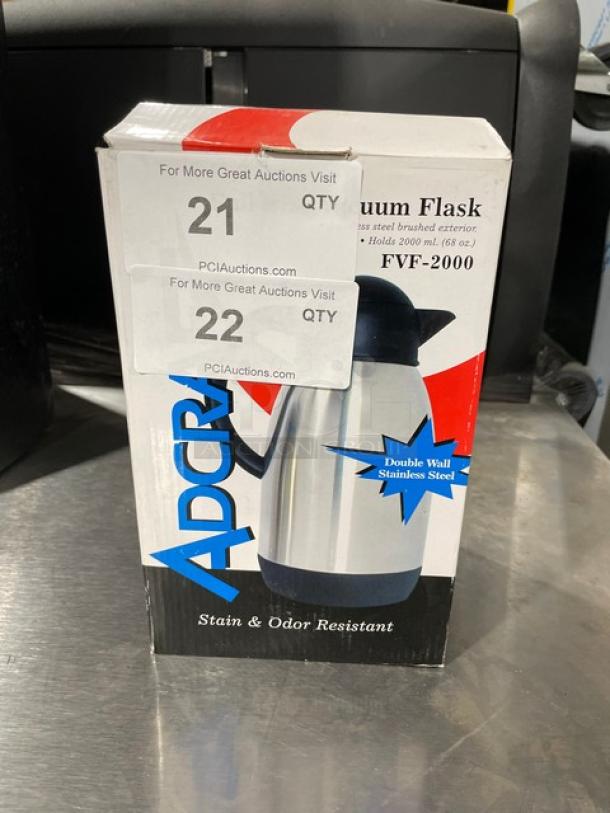 New Adcraft Commercial Stainless Steel 68 Oz. Double Wall Vacuum Flask, Model FVF-2000, in box. Stain and odor resistant.