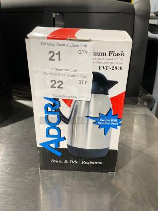 New Adcraft Commercial Stainless Steel 68 Oz. Double Wall Vacuum Flask, Model FVF-2000, in box. Stain and odor resistant.