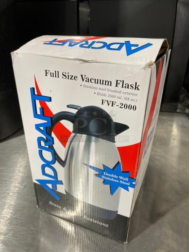 NEW Adcraft FVF-2000 Commercial Stainless Steel 68 Oz. Double Wall Vacuum Flask in original box.