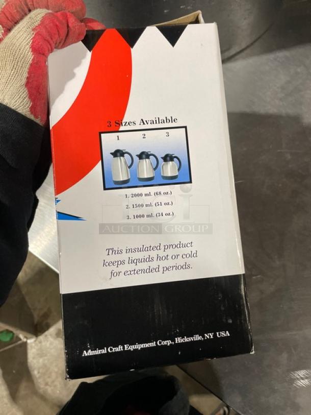 NEW Adcraft Commercial Stainless Steel 68 Oz. Double Wall Vacuum Flask, Model FVF-2000, in original packaging.
