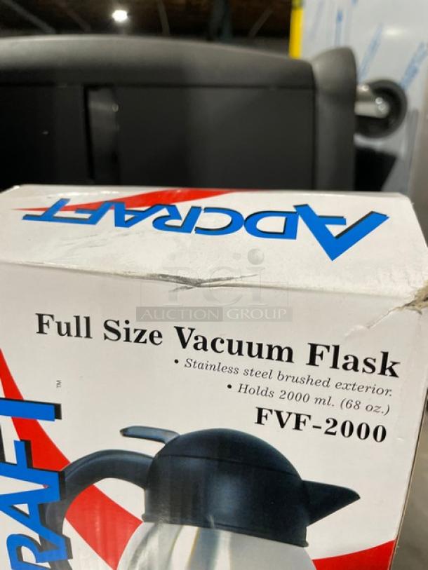 NEW Adcraft FVF2000 stainless steel 68 oz vacuum flask. Features double wall insulation, full size, brushed exterior.