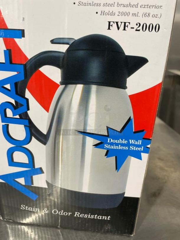 NEW Adcraft FVF-2000 stainless steel vacuum flask, 68 oz, double wall, stain and odor resistant, brushed exterior.