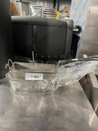 Adcraft FBR11571 commercial wire mesh fry basket, new with black grip handle, packaged with quantity label.