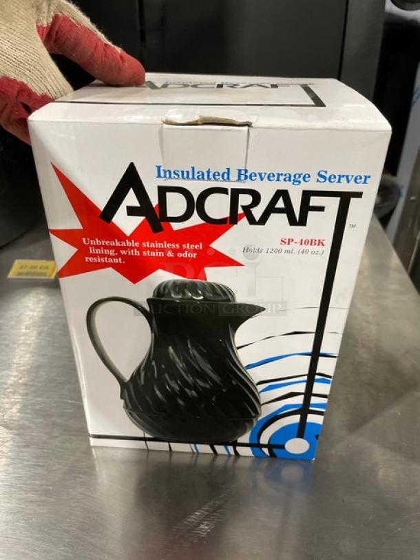NEW Adcraft SP-40BK 40 oz. black insulated beverage server, stainless steel lining, new in box.