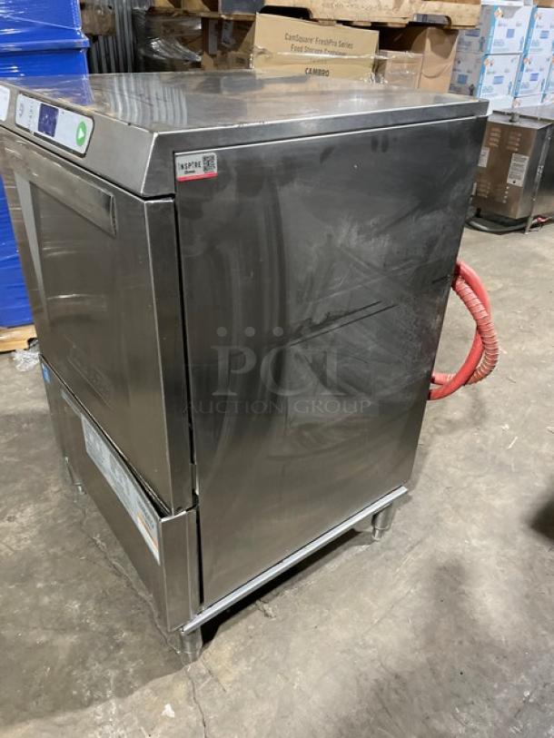 Hobart LXe Series stainless steel undercounter dishwasher, Energy Star certified, on legs, new body style, electric powered.