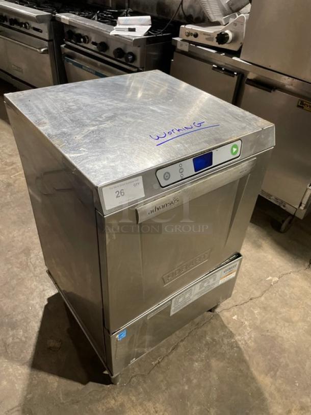 Hobart LXe Series stainless steel undercounter dishwasher, Energy Star certified, electric powered, on legs, new body style.