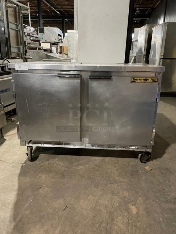 Beverage-Air WTR48A stainless steel 2-door undercounter refrigerator on casters, commercial use, visible wear, 115V 1 Phase.