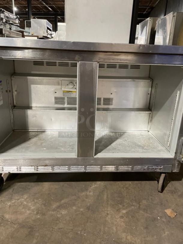 Beverage-Air WTR48A commercial stainless steel 2-door undercounter refrigerator, 115V, on casters, interior view.