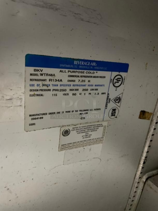 Beverage-Air Model WTR48A label showing specifications and certifications; stainless steel undercounter refrigerator.