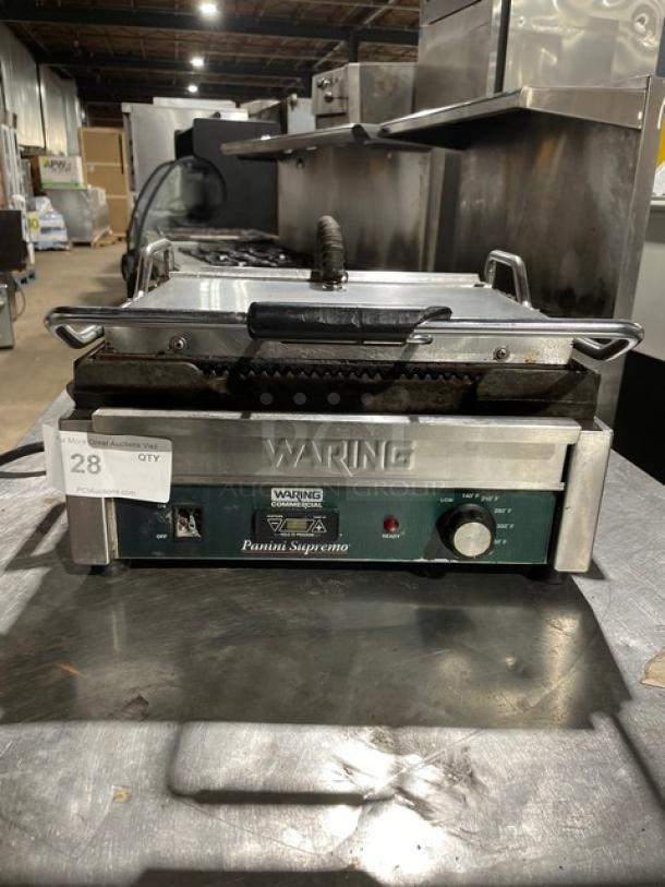 Waring Panini Supremo Series WPG250T grill, stainless steel, grooved grates, timer feature, 120V, used condition.