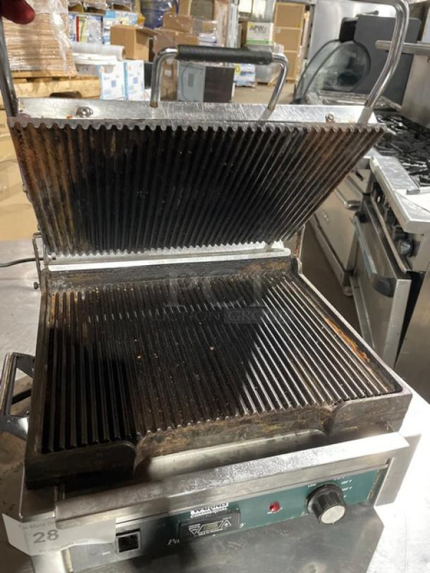 Waring WPG250T Panini Grill, stainless steel, electric, grooved grates, timer, used condition, 120V, countertop model.