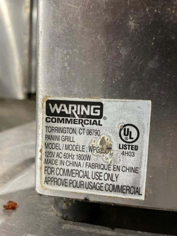 Waring Panini Supremo Series grill, model WPG250T. Stainless steel, grooved grates, timer, 120V, commercial use only.