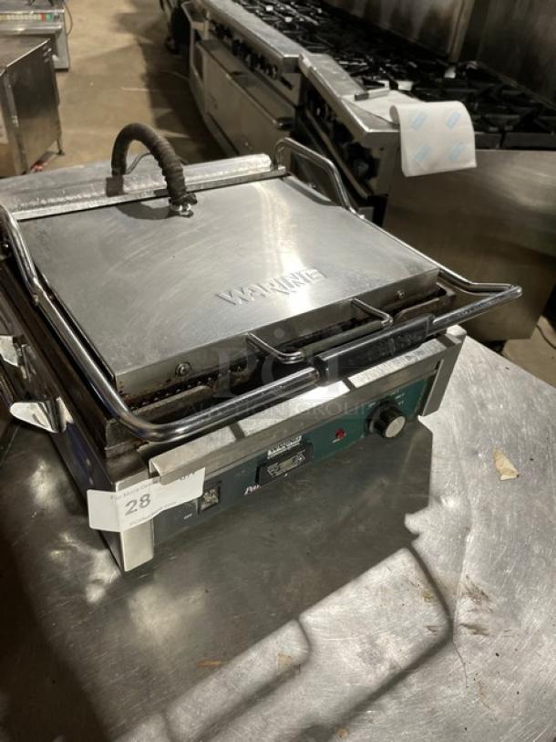Waring Panini Supremo WPG250T grill with grooved grates, timer, stainless steel, 120V, good condition, commercial use.