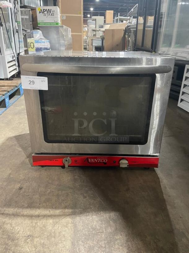 Avantco 177CO28 stainless steel countertop convection oven, wired rack, used condition, Model CO28, 208-240V.