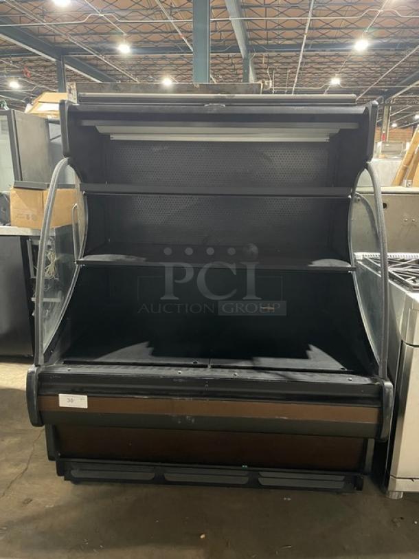 Structural Concepts Encore Series commercial black multi-tier refrigerated open grab-n-go merchandiser, model HV48RSS3635C, with pull-down night curtain, in used condition.