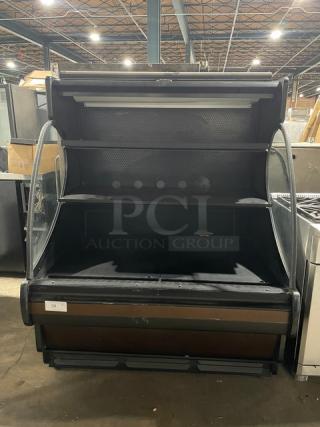 Structural Concepts Encore Series commercial black multi-tier refrigerated open grab-n-go merchandiser, model HV48RSS3635C, with pull-down night curtain, in used condition.