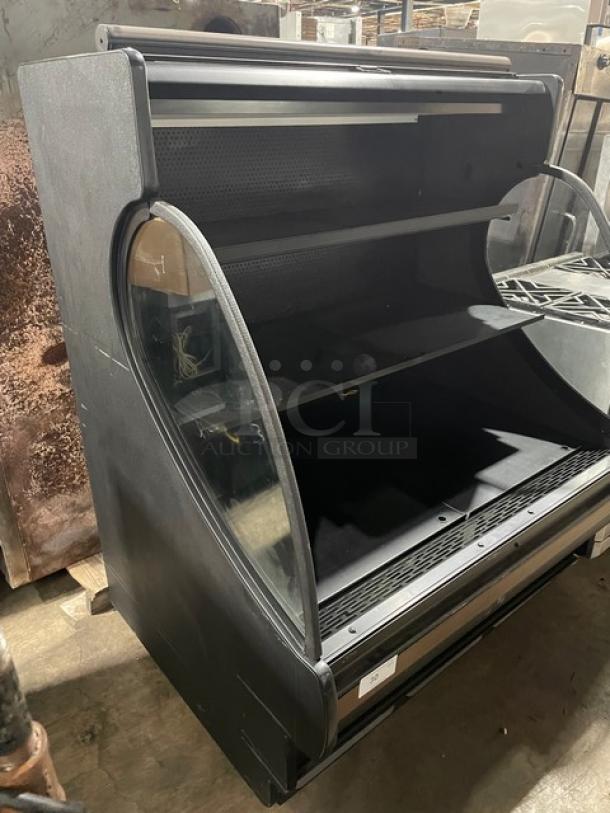 Structural Concepts Encore Series multi-tier refrigerated display case, black, model HV48RSS3635C, with pull-down night curtain.