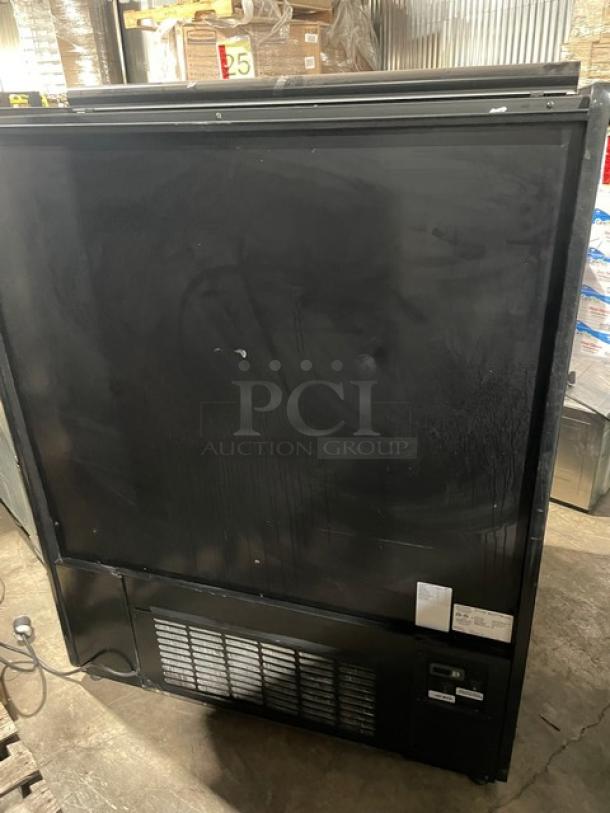 Structural Concepts black multi-tier refrigerated display case, model HV48RSS3635C, with pull-down night curtain, used.