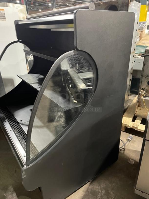 Structural Concepts HV48RSS.3635C black multi-tier refrigerated display case, pull-down night curtain, commercial use, 120V.