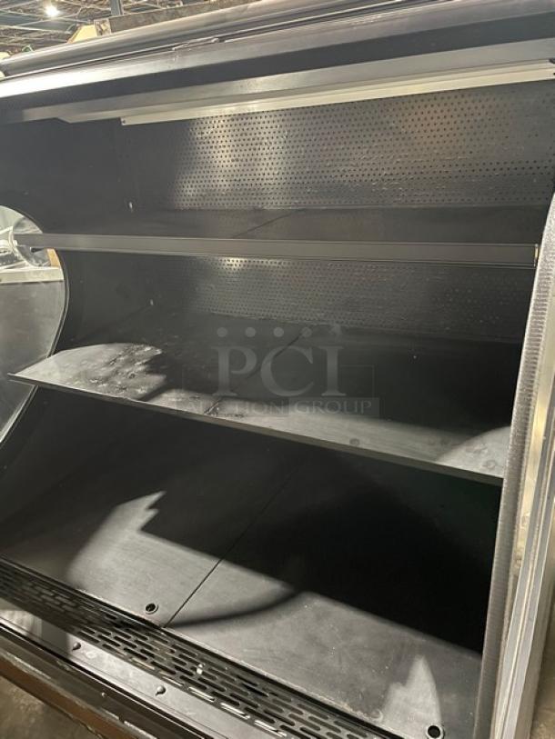 Structural Concepts Encore Series black multi-tier refrigerated display case, model HV48RSS3635C, shown with pull-down night curtain.