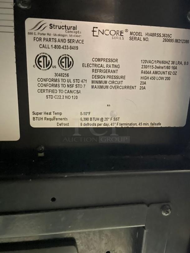 Structural Concepts Encore Series model HV48RSS3635C label. Shows electrical and compressor specs, certifications, and serial number.