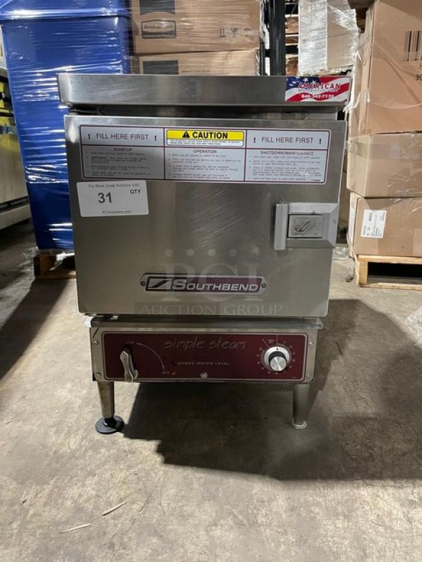 Southbend Simple Steam Series EZ-3 countertop steamer, stainless steel, electric, on legs, serial 08G72460-2, 208V, 3 phase.
