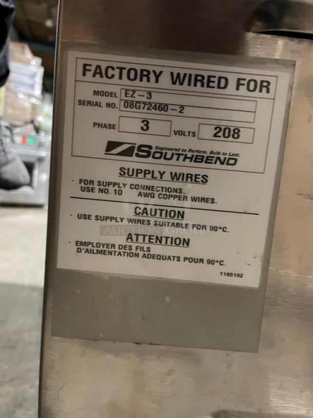 Southbend EZ3 commercial stainless steel steamer, model EZ-3, 3-phase, 208V, on legs, factory wired label shown.