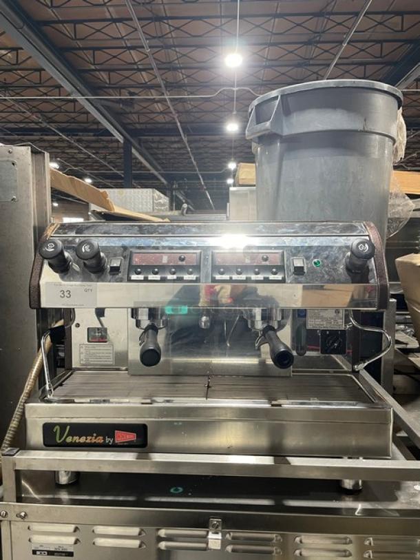 Cecilware Venezia ESP2 espresso machine, stainless steel, dual spouts, steam wand, drip tray, 220-240V, on legs.