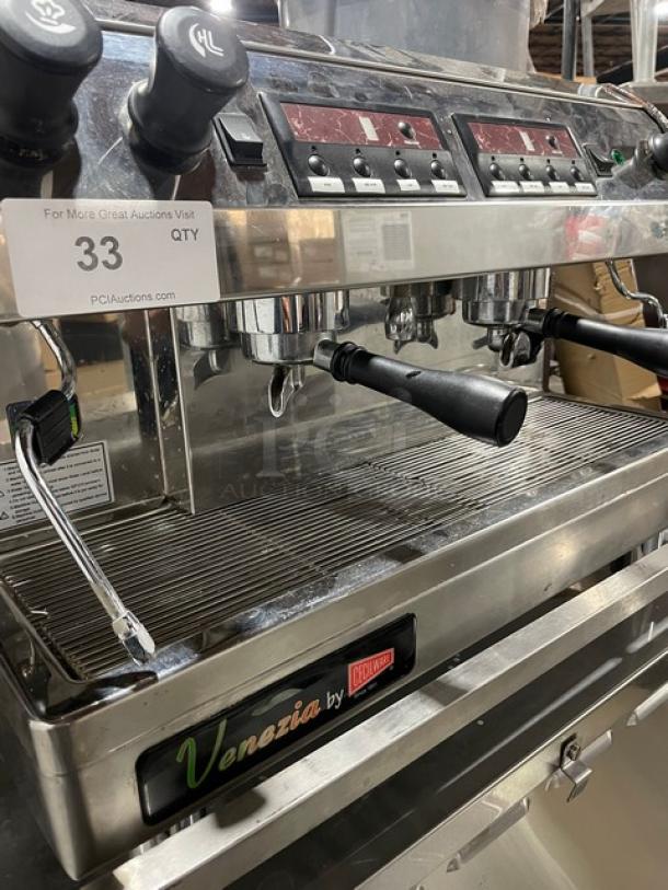 Cecilware Venezia ESP2 espresso machine, stainless steel, with steam wand and drip tray, on legs, model ESP2, SN: 07790100393.