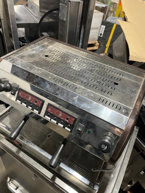 Cecilware Venezia ESP2 espresso machine, stainless steel, double spout, steam wand, drip tray, 220-240V, light wear.