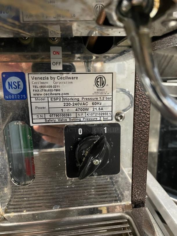 Cecilware Venezia ESP2 double espresso machine, stainless steel, with steam wand, drip tray, Model ESP2, SN: 07790100393, 220-240V.