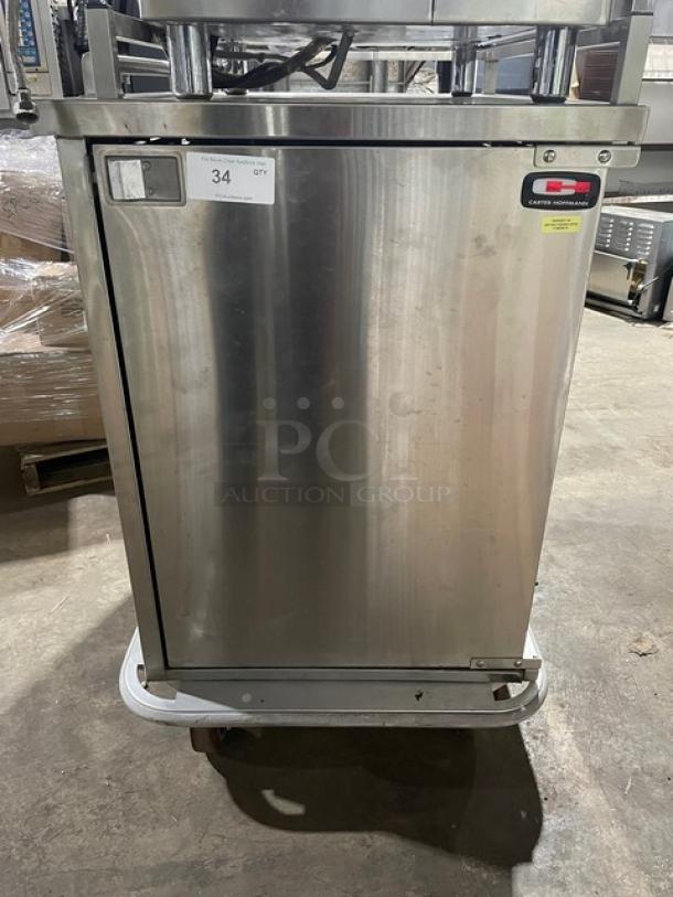 Carter-Hoffmann TE1S12 stainless steel single door meal/tray transport cart with built-in pan slide, on casters, model SN: 462720-052012.