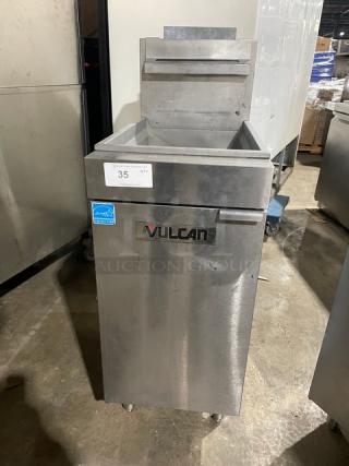 Vulcan 1VEG35M1 stainless steel gas fryer, 35-40 lbs capacity, Energy Star certified, with backsplash and basket hanger, on legs.