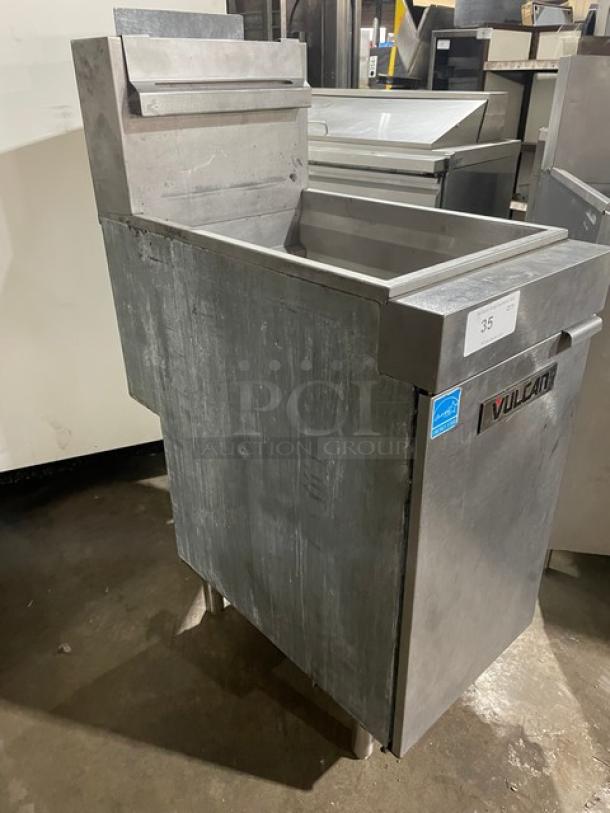 Vulcan 1VEG35M-1 commercial stainless steel deep fat fryer, 35-40 lb. capacity, Energy Star certified, with back splash, basket hanger, on legs.
