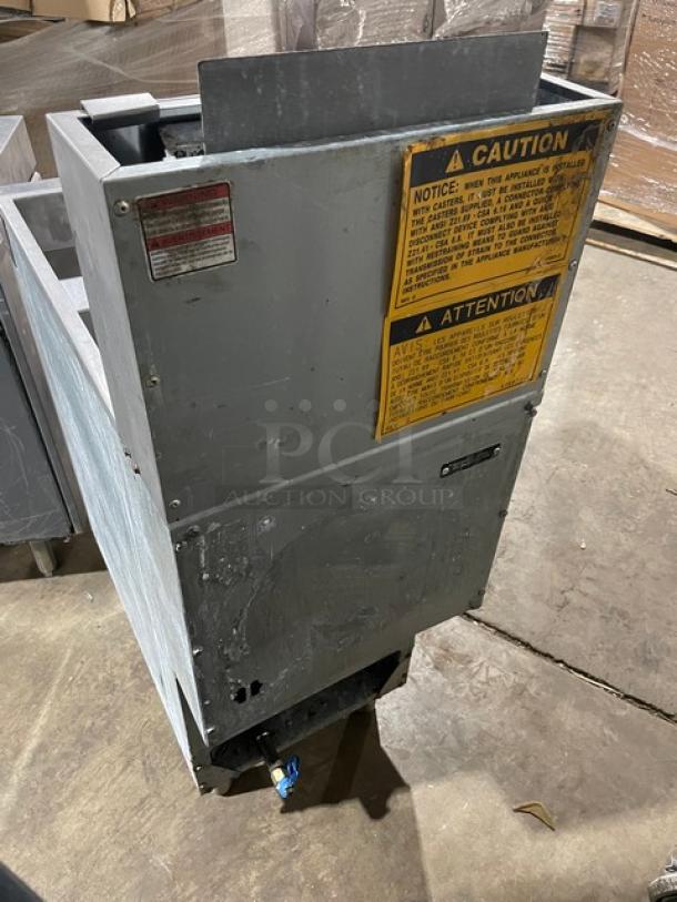 Vulcan Model 1VEG35M1 stainless steel commercial deep fat fryer, natural gas, Energy Star certified, with caution labels.