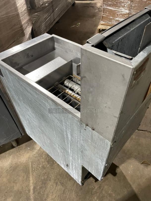 Vulcan stainless steel deep fat fryer, model 1VEG35M-1, on legs with back splash and basket hanger. Energy Star certified.