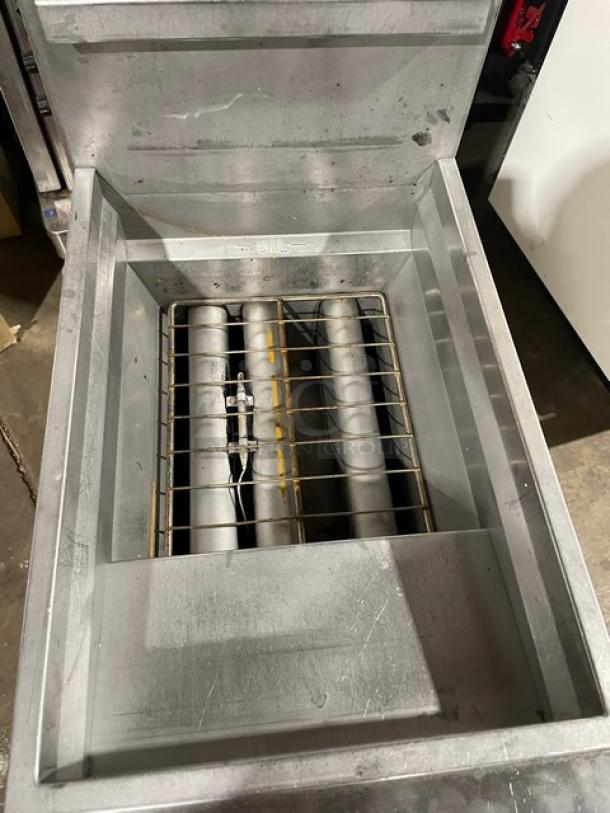 Vulcan commercial stainless steel natural gas deep fat fryer with basket hanger, Energy Star certified, model 1VEG35M1, on legs.