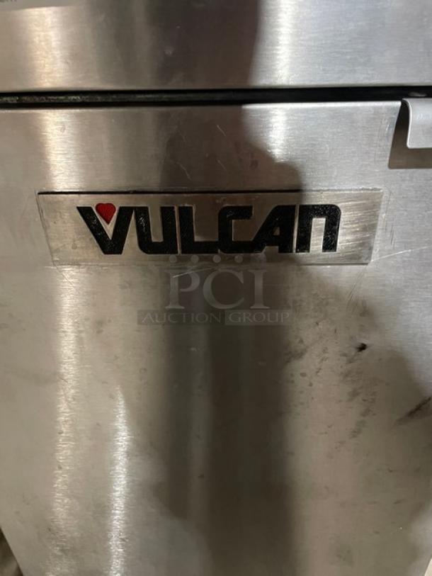 Vulcan stainless steel deep fat fryer, model 1VEG35M1, Energy Star certified, with logo tag, natural gas powered.
