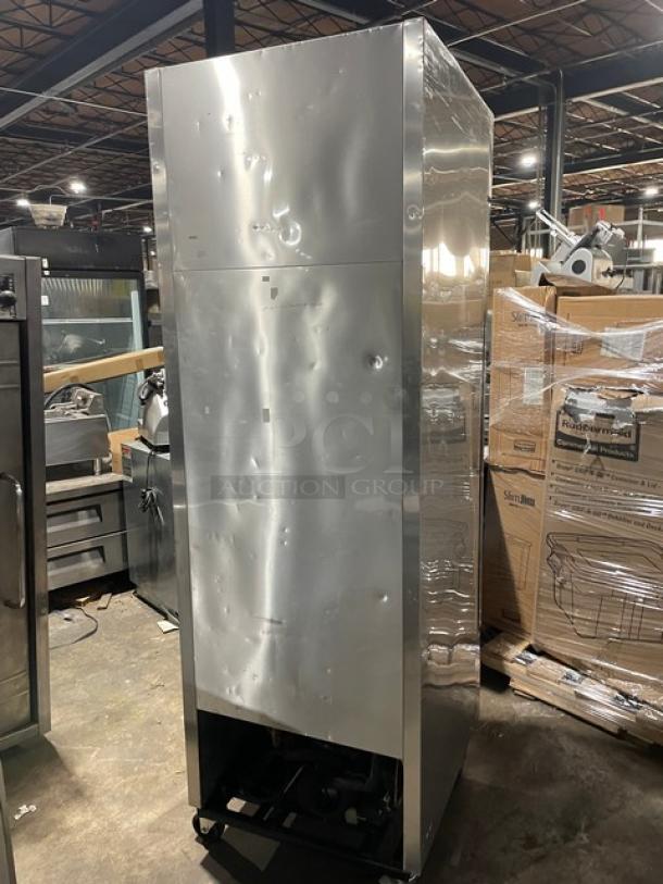 True T-23F commercial stainless steel single door reach-in freezer on casters. Energy Star certified. Visible dents on door.
